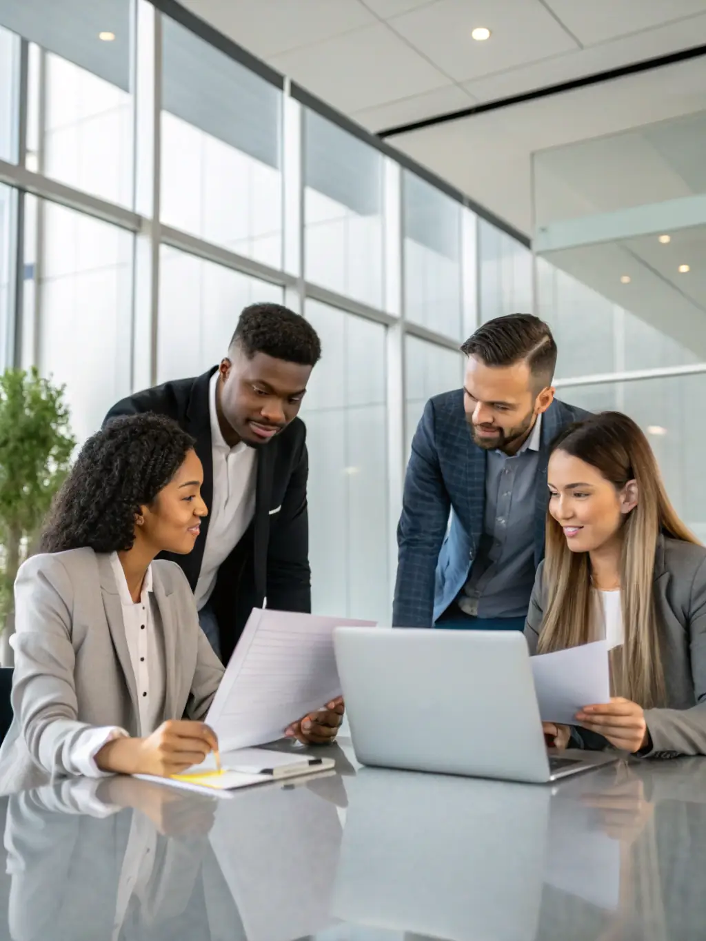 A diverse group of professionals brainstorming innovative marketing ideas in a creative workspace.