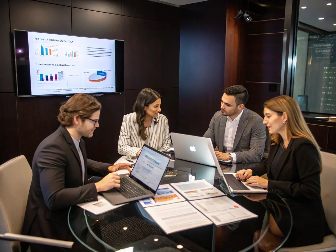 An image of a team analyzing marketing data and brainstorming strategies around a conference table, representing Marketing Strategy Development.