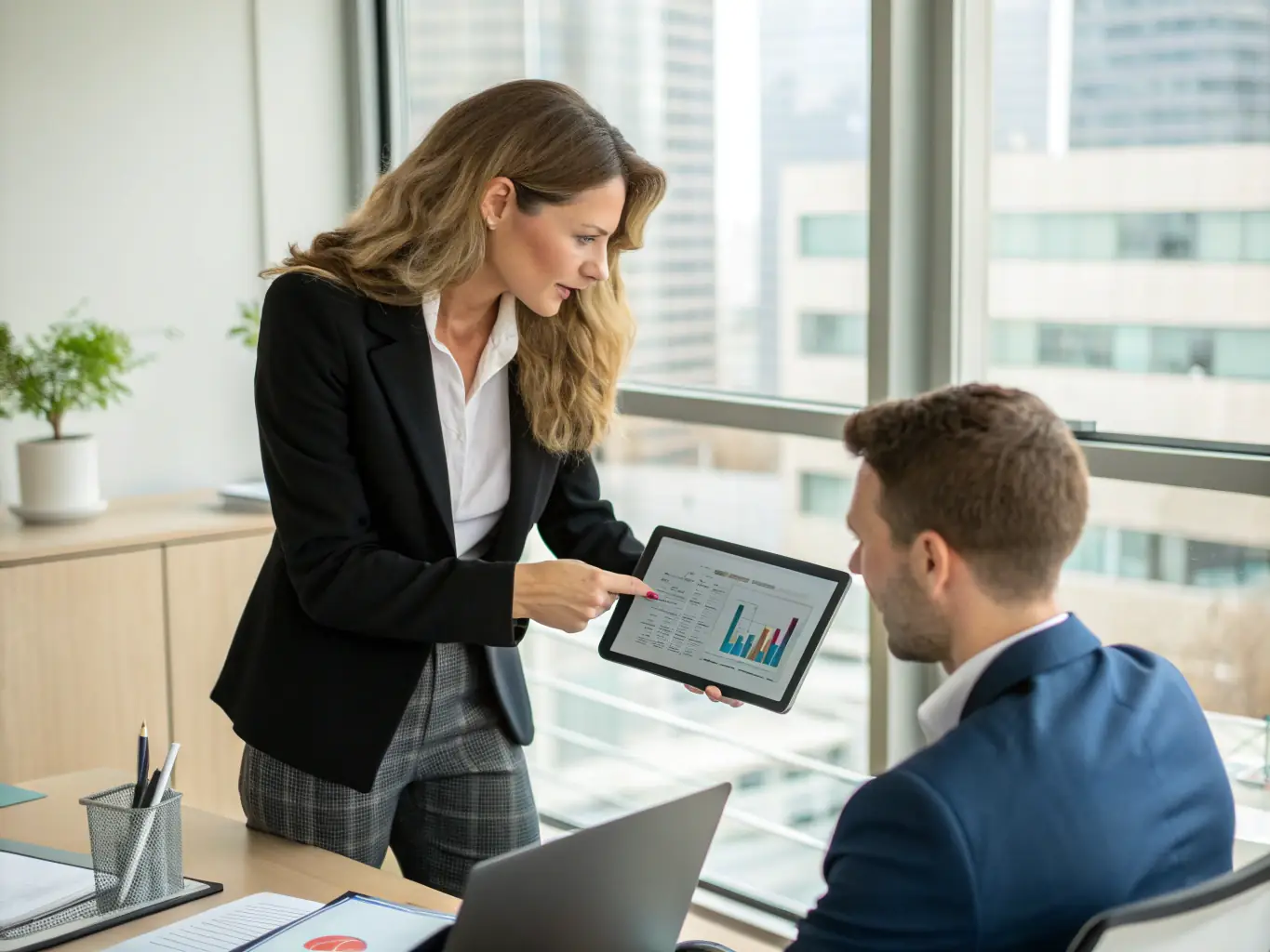 A consultant is presenting a marketing strategy to a client in a modern office setting, emphasizing data-driven insights and innovative approaches.