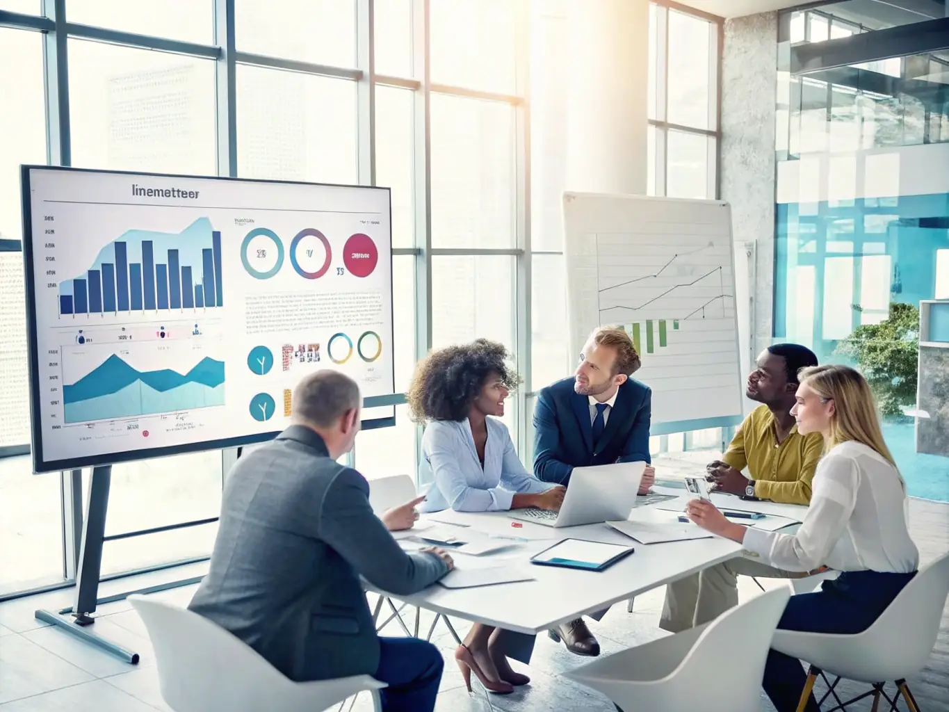 A team is collaborating on a marketing campaign, using digital tools and analytics to track performance and optimize results.